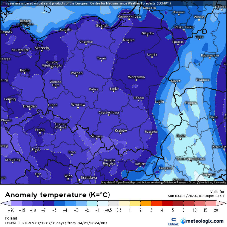 Prognoza odchylenia temperatury 21 kwietnia po południu od średniej z wielolecia
