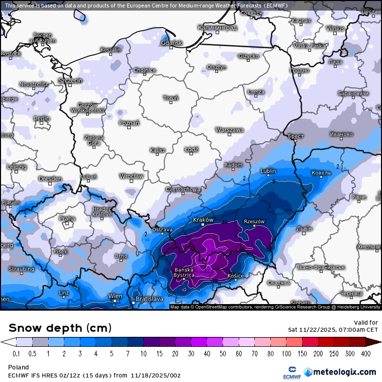 Prognozowana pokrywa śnieżna w sobotę rano 22 listopada. Duży przyrost na południowym wschodzie Polski