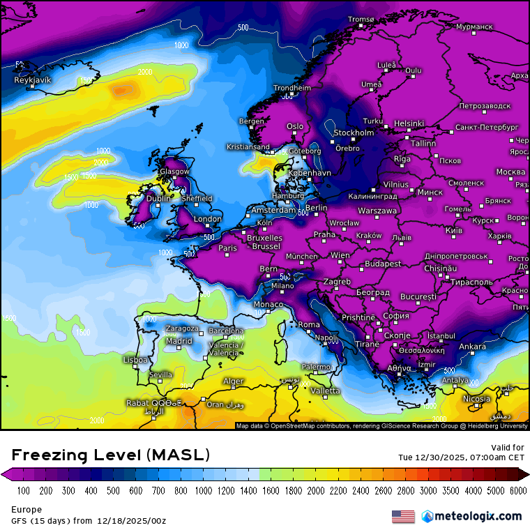 Silny spływ zimna pod koniec grudnia dociera do Londynu, Paryża i Rzymu, prognoza zejścia poziomu zamarzania w pobliże ziemi