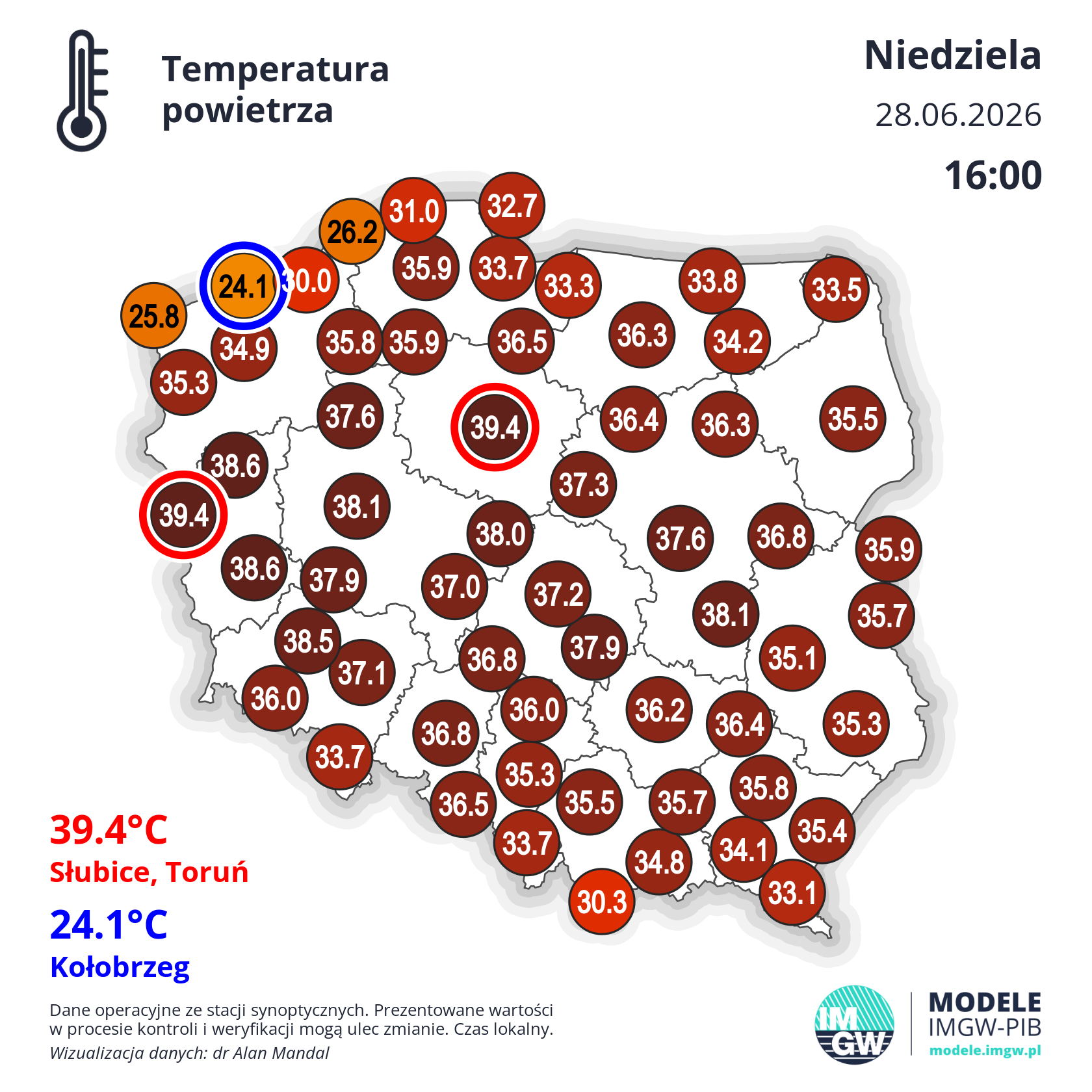 Temperatura powietrza w Polsce o godzinie 16 w niedzielę