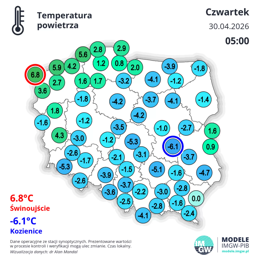 Temperatura powietrza w czwartek 30 kwietnia o godzinie 5 rano