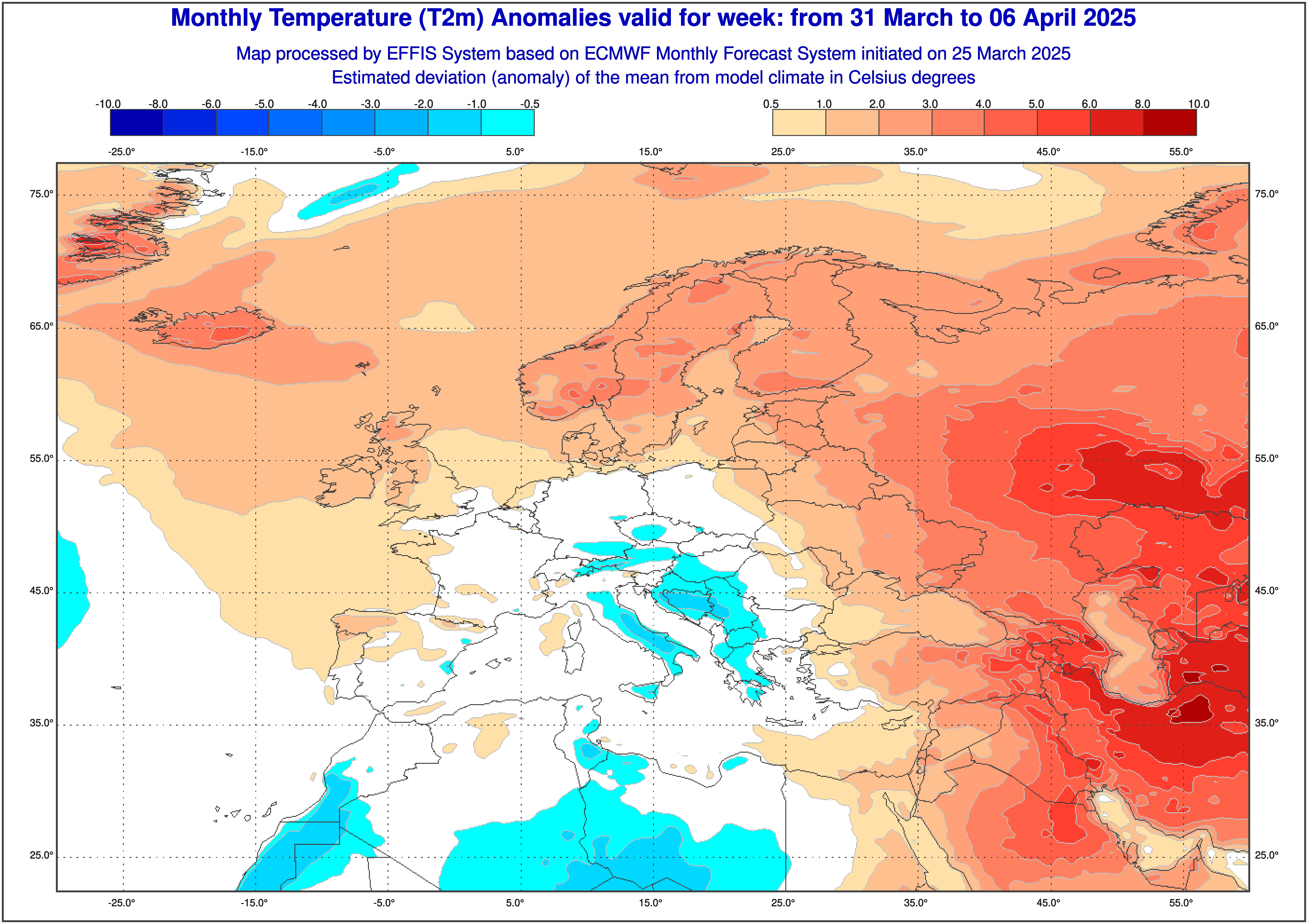 Odchylenie średniej temperatury na minus w Polsce, we Włoszech i na Bałkanach
