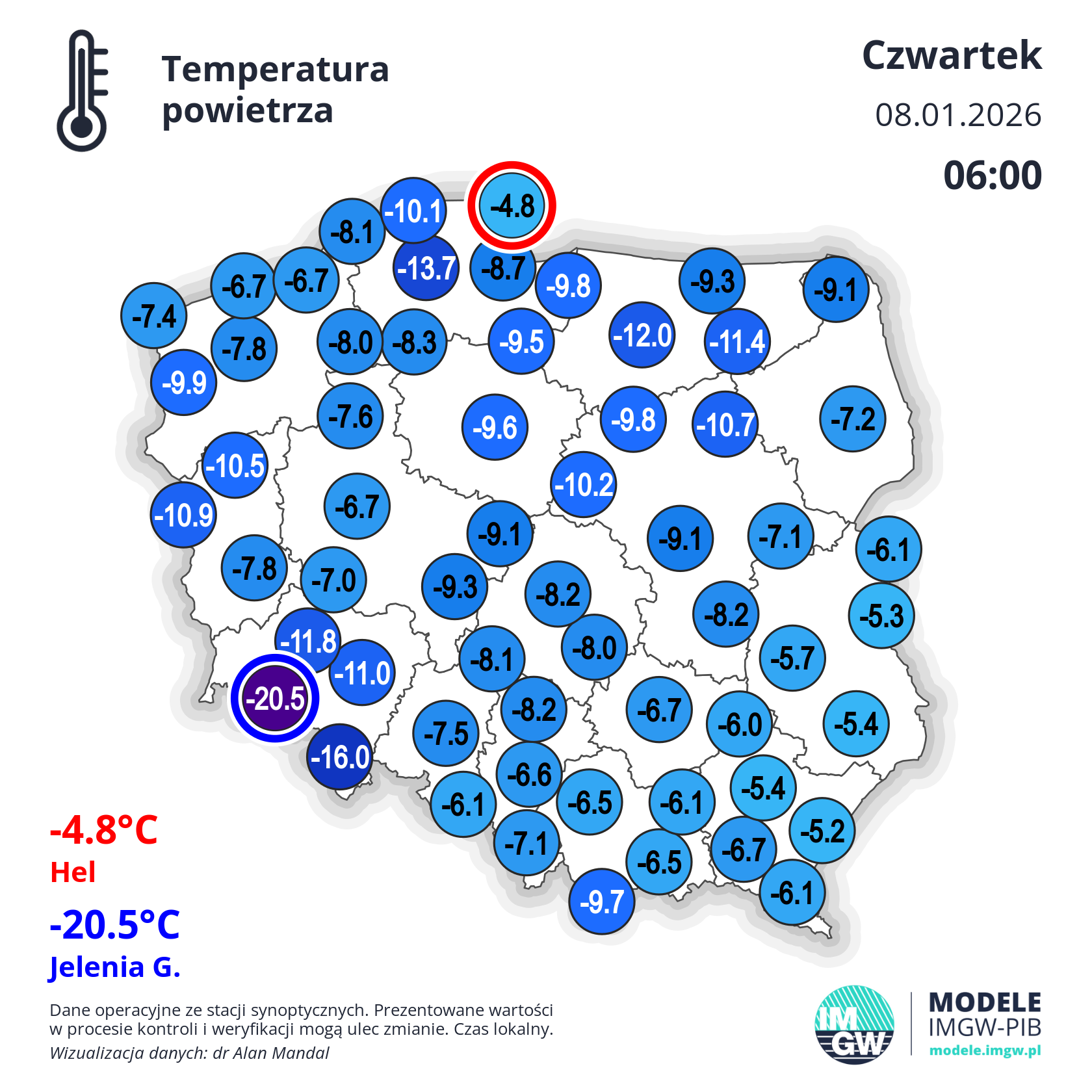 Temperatura w czwartek (08.01) o godzinie 6
