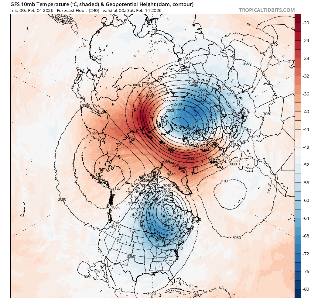 Zupełnie rozbity wir polarny na dwa mniejsze w połowie lutego, temperatura na wysokości ok. 30 km odpowiadającej ciśnieniu ok. 10 hPa (na wysokości geopotencjału 10 hPa)