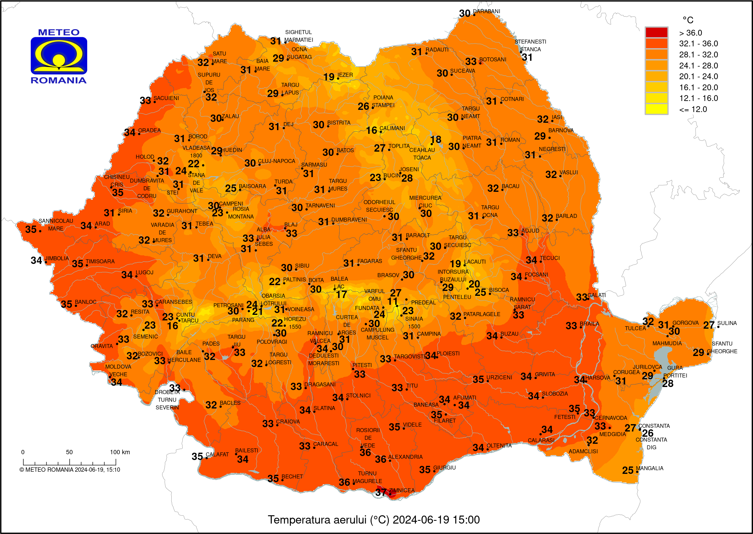Temperatura powietrza w Rumunii, 19.06 godz. 15