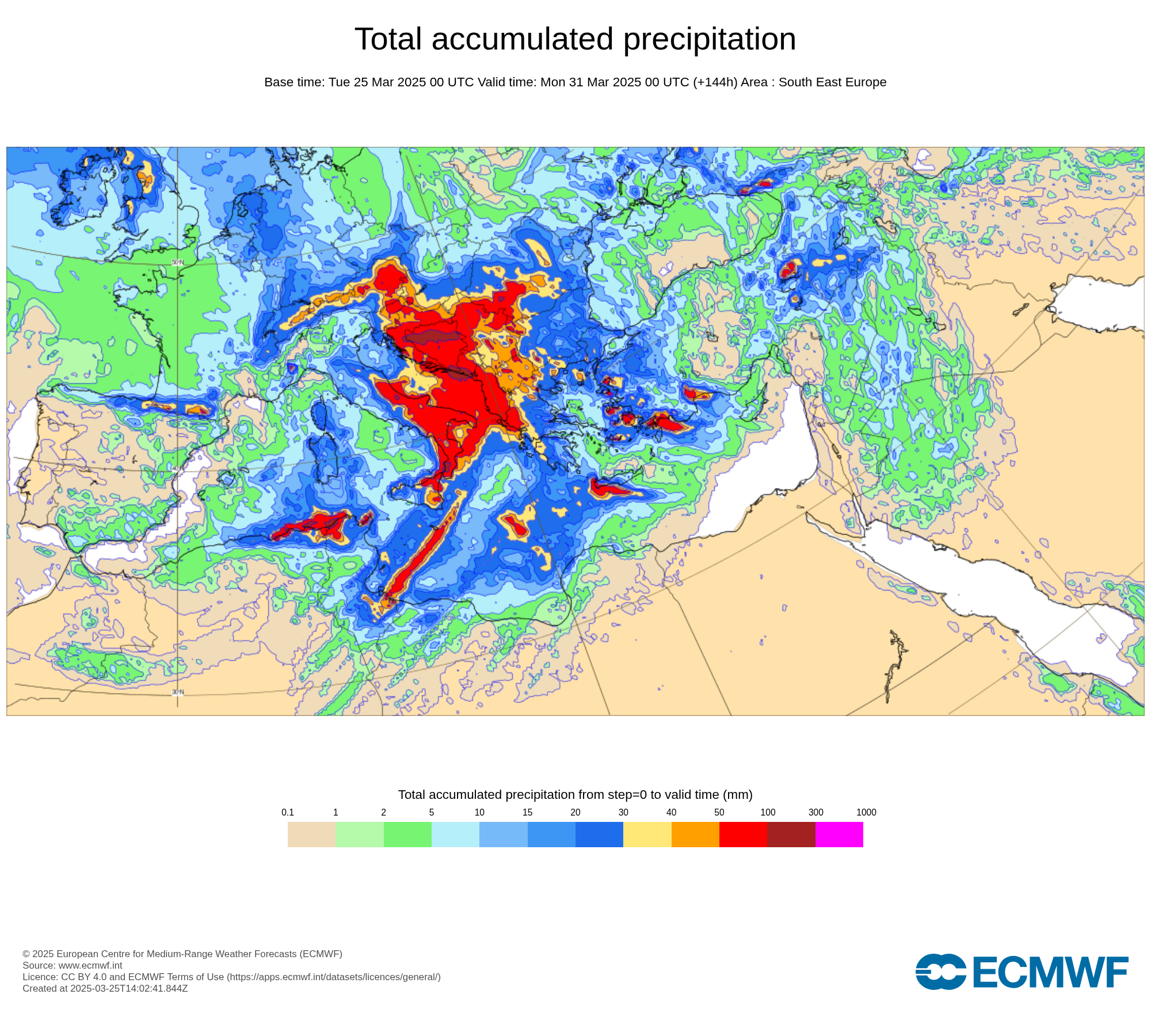 Prognozowana suma opadów w okresie 25-31.03.2025 dla południa Europy wg ECMWF