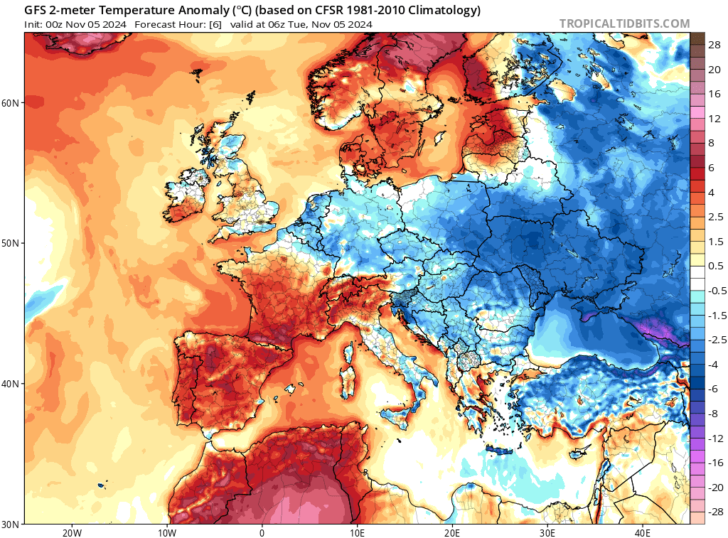 Odchylenie temperatury od normy we wtorek o godz. 6