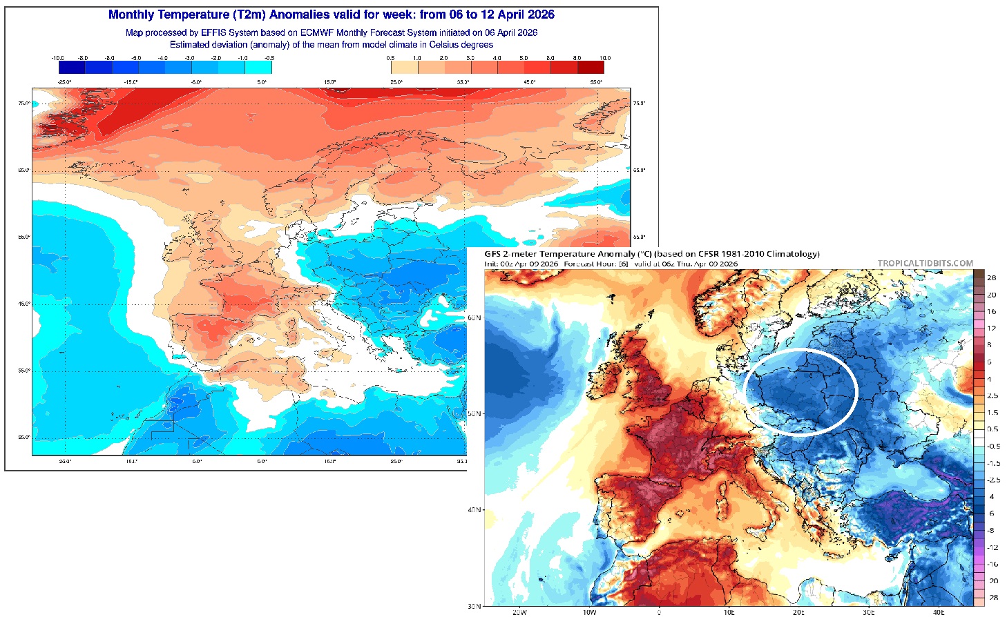 Odchylenie temperatury średniej w Polsce poniżej normy w okresie 6-12 kwietnia oraz anomalia ujemna temperatury o poranku 9 kwietnia