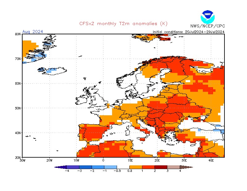 Prognoza odchylenia średniej miesięcznej temperatury od normy w sierpniu 2024 r.