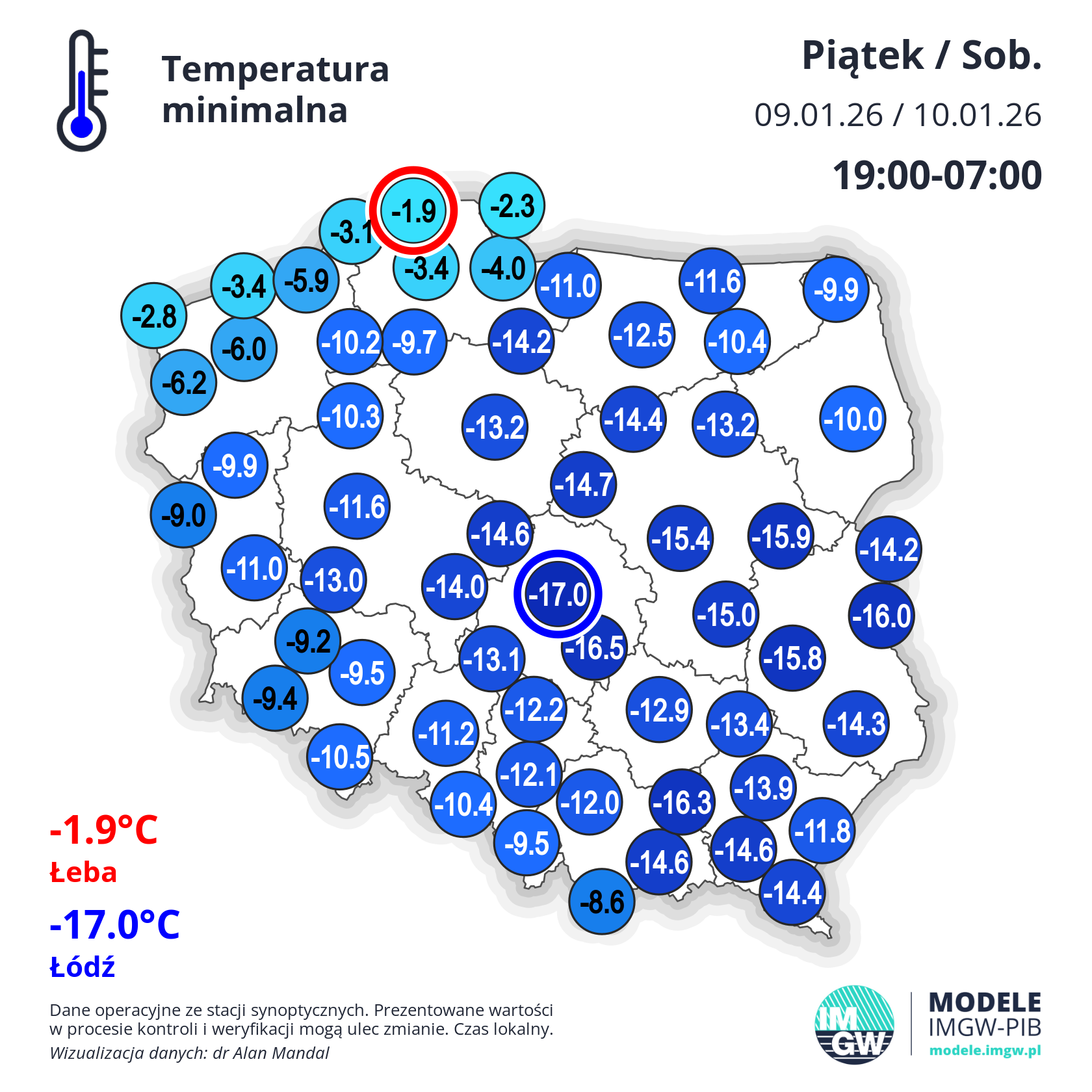 Temperatura minimalna w nocy 09/10.01.26