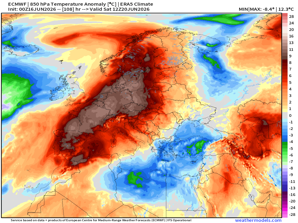 Anomalia temperatury prognozowana na sobotę