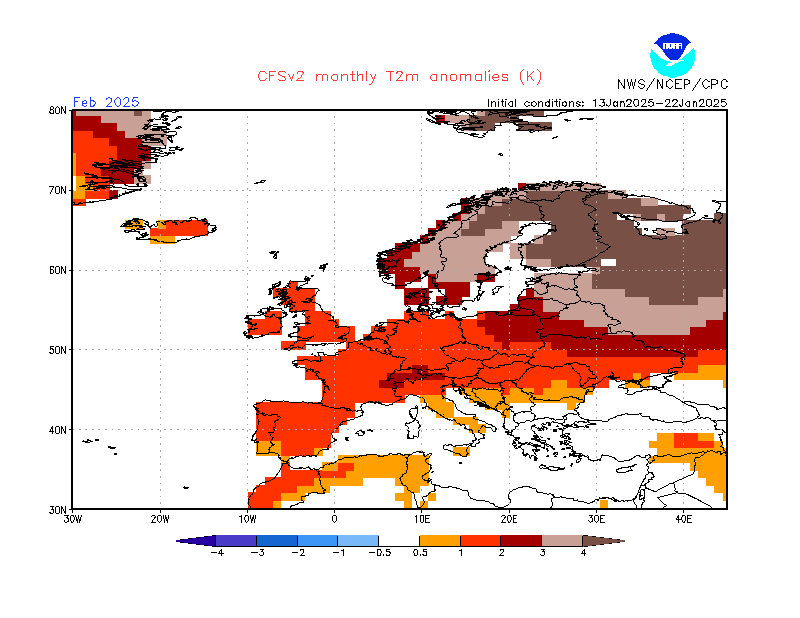 Prognoza odchylenia na plus średniej miesięcznej temperatury w lutym 2025 