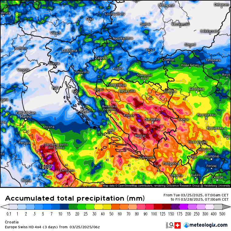 Prognozowana suma opadów w okresie 25-28.03.2025 dla południa Europy wg modelu Europe Swiss HD