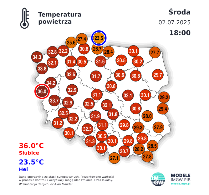 Temperatura powietrza w środę o godzinie 18