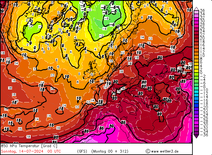 Czapa gorąca nad Europą około 14 lipca, temperatura na wysokości 1,5 km 