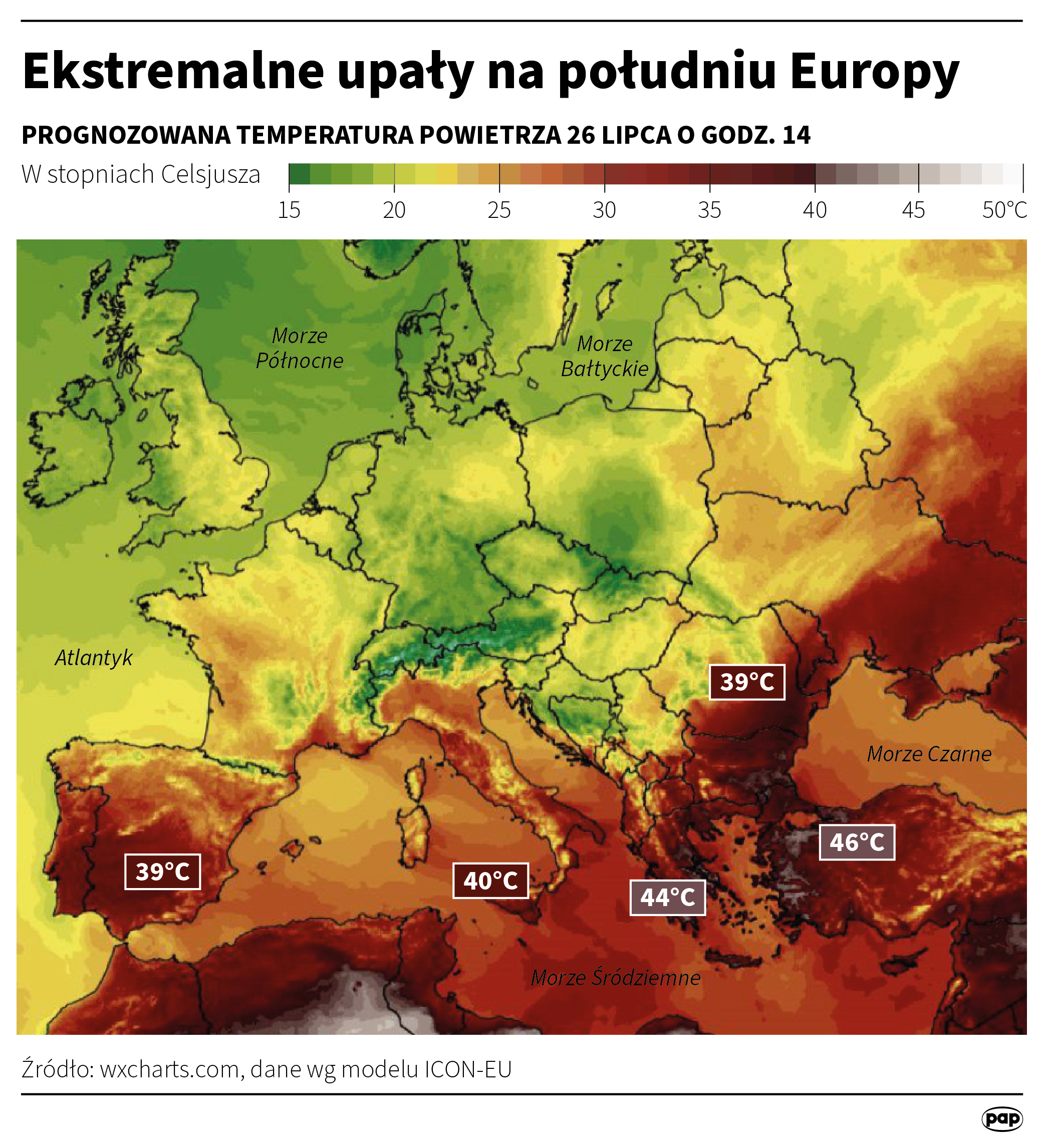 Upały w Europie. Prognozowana temperatura w środę o godz. 14