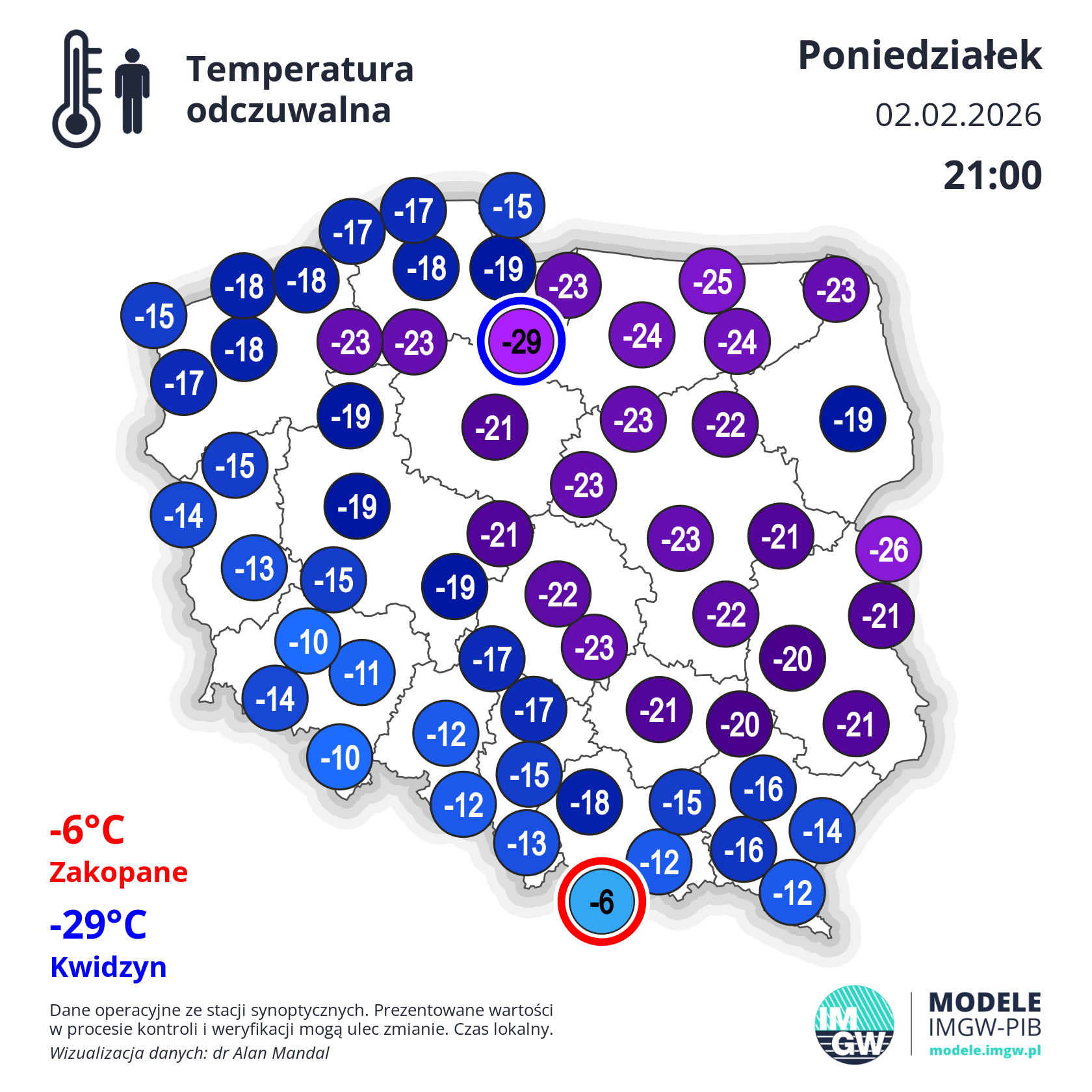 Temperatura odczuwalna, poniedziałek 2.02.26, godz. 21