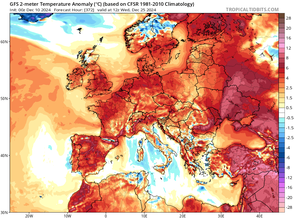 Prognozowane odchylenie temperatury na plus 25 grudnia