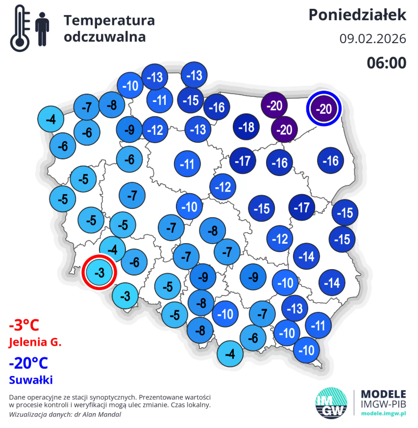 Temperatura odczuwalna w poniedziałek 9 lutego o godzinie 6