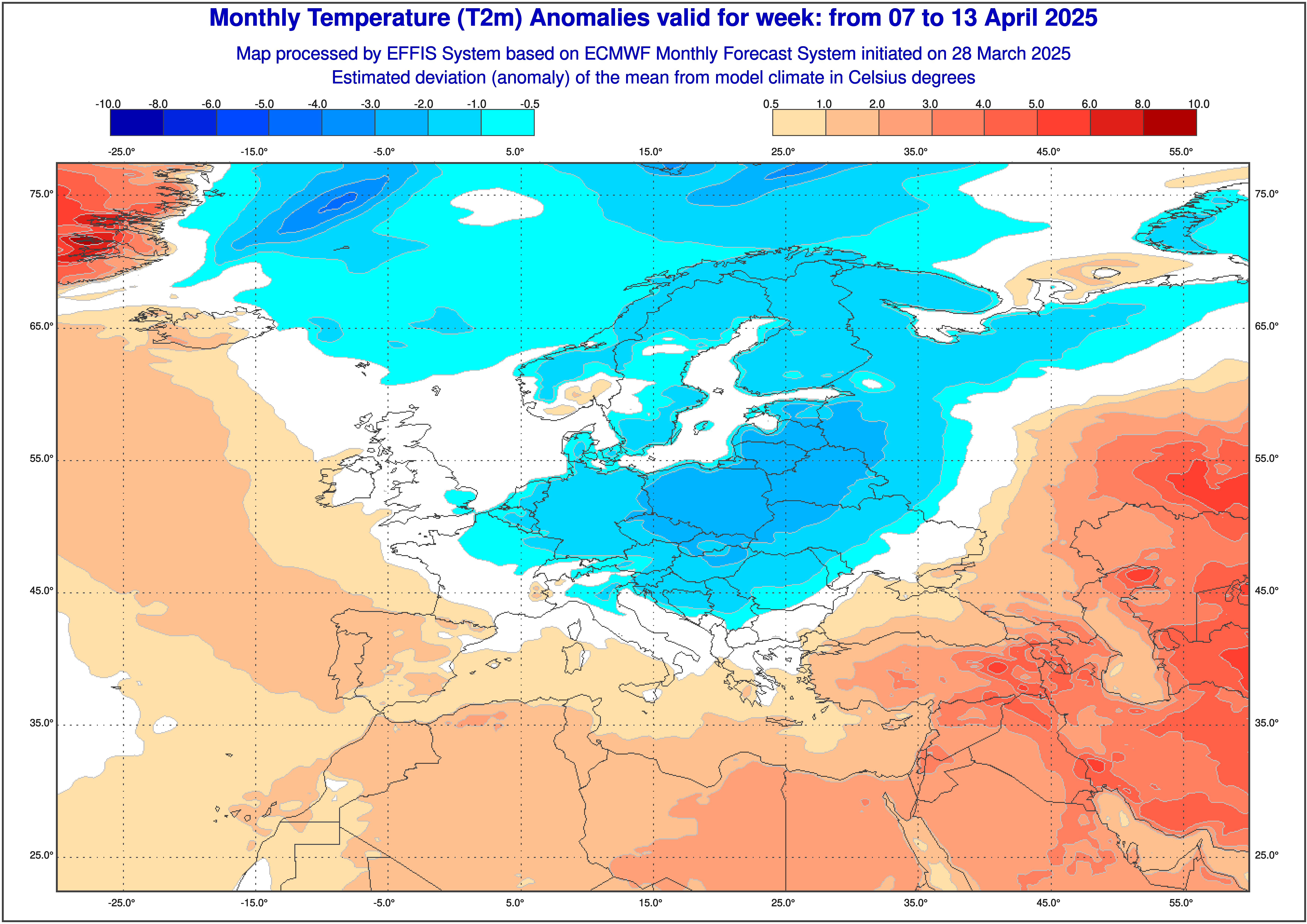 Prognoza odchylenia średniej temperatury od normy w okresie od 7 do 13 kwietnia 