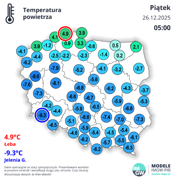 Temperatura powietrza w piątek (26.12) o godzinie 5.00