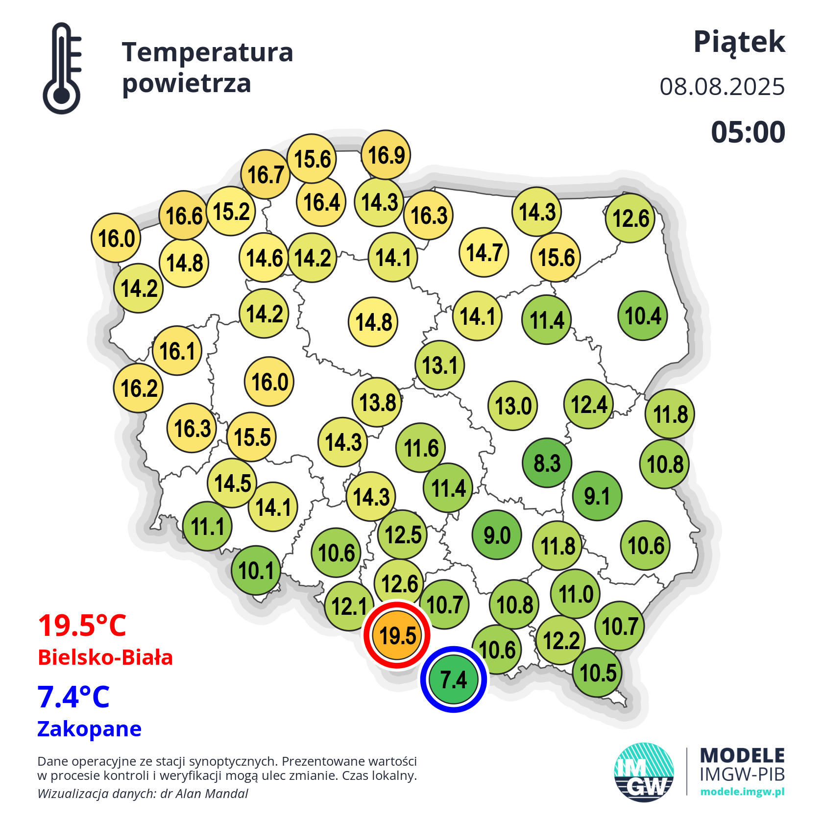 Temperatura w piątek 8.08 o godz. 5