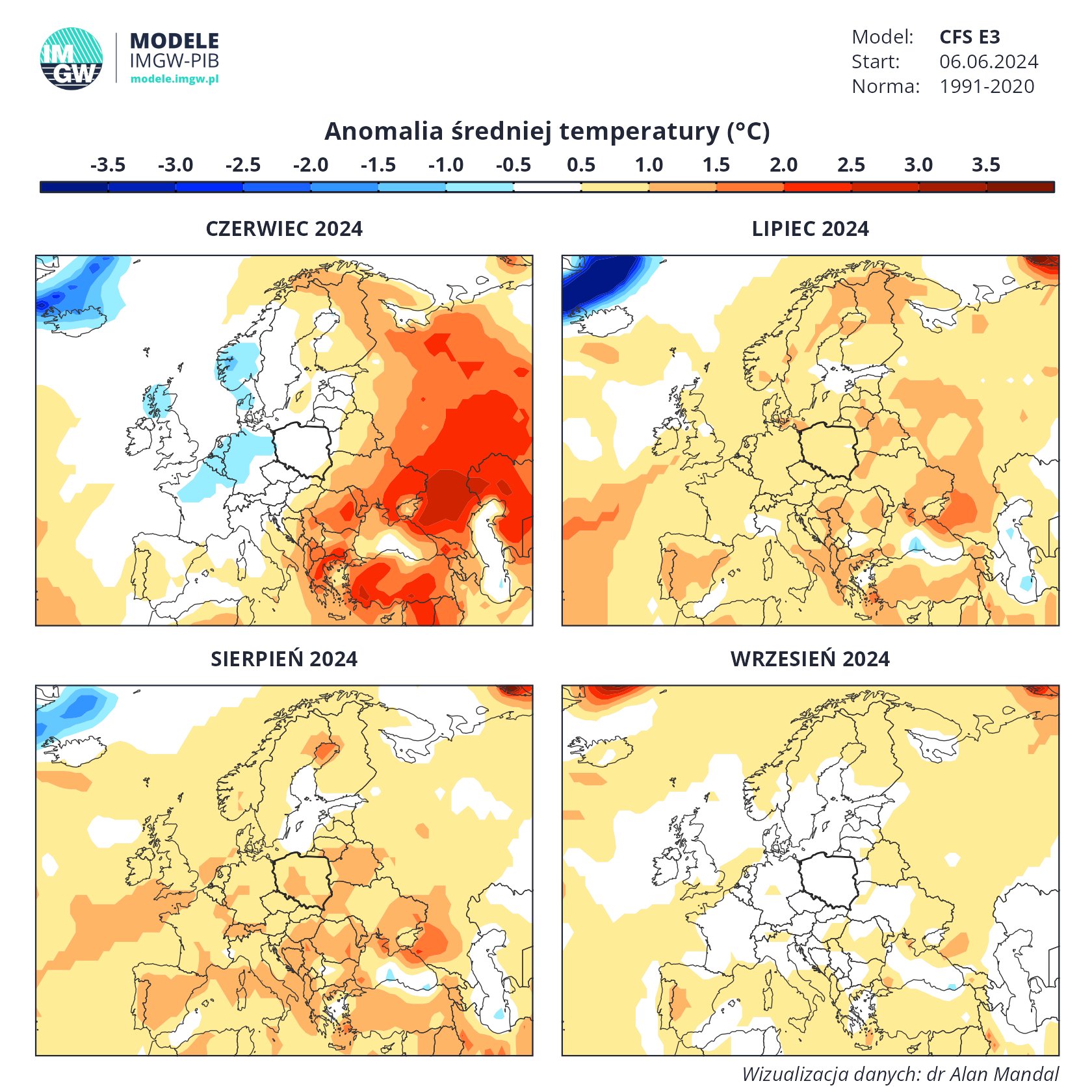 Prognoza średniej miesięcznej anomalii temperatury w okresie czerwiec-wrzesień 2024