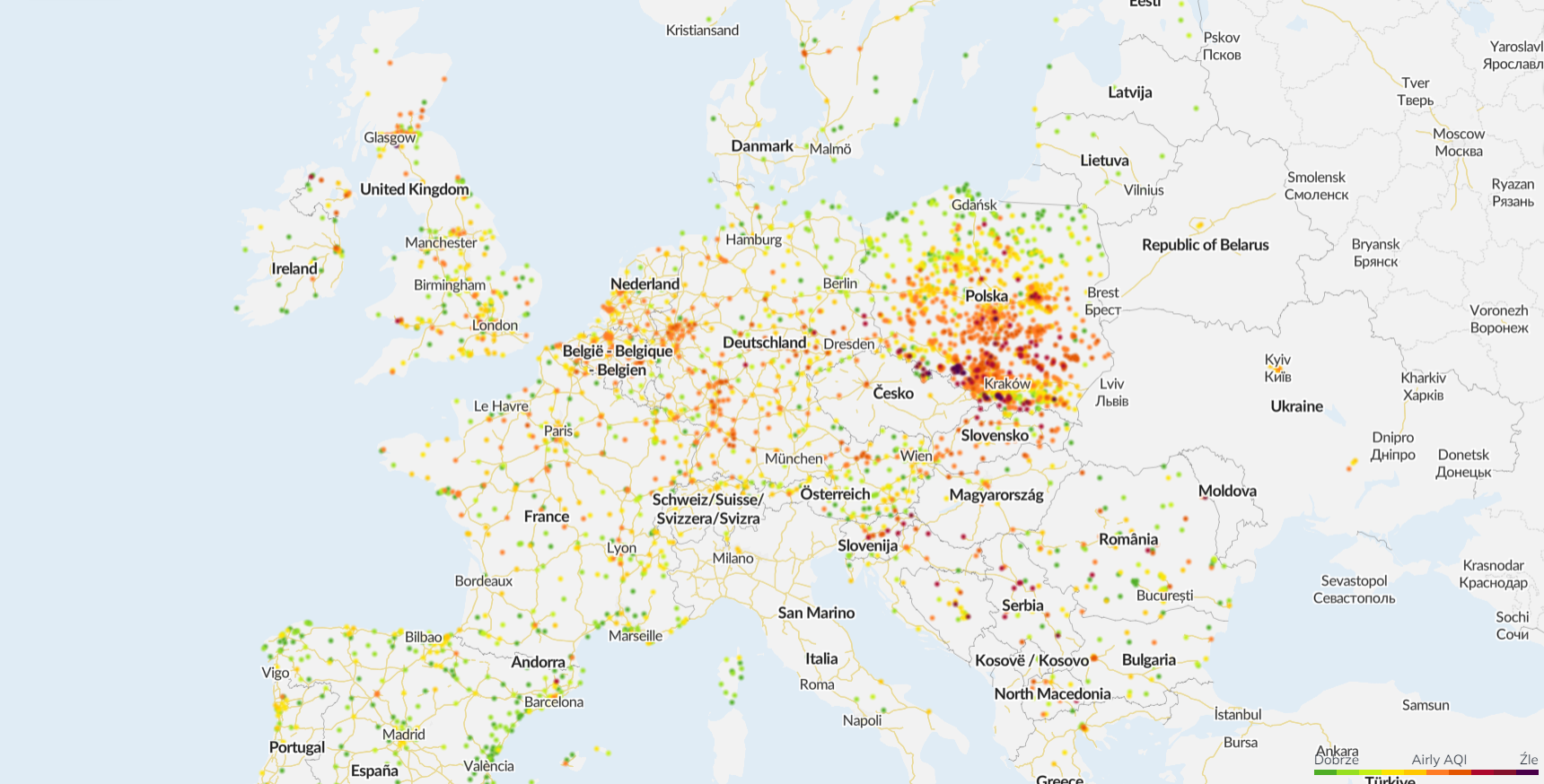 Jakość powietrza w Europie w czwartek około południa
