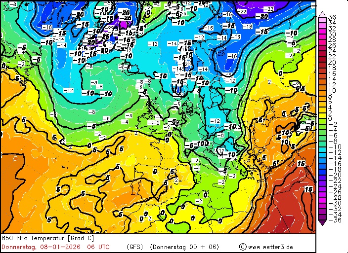 Jęzor zimna sięgający Polski, Bałkanów i Adriatyku 8 stycznia rano. Temperatura na wysokości 1,5 kilometra.  