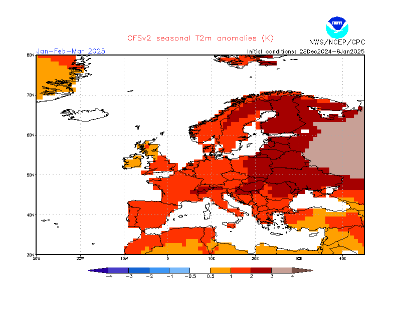 Prognoza odchylenia od normy na plus temperatury średniej miesięcznej na styczeń, luty i marzec 2025