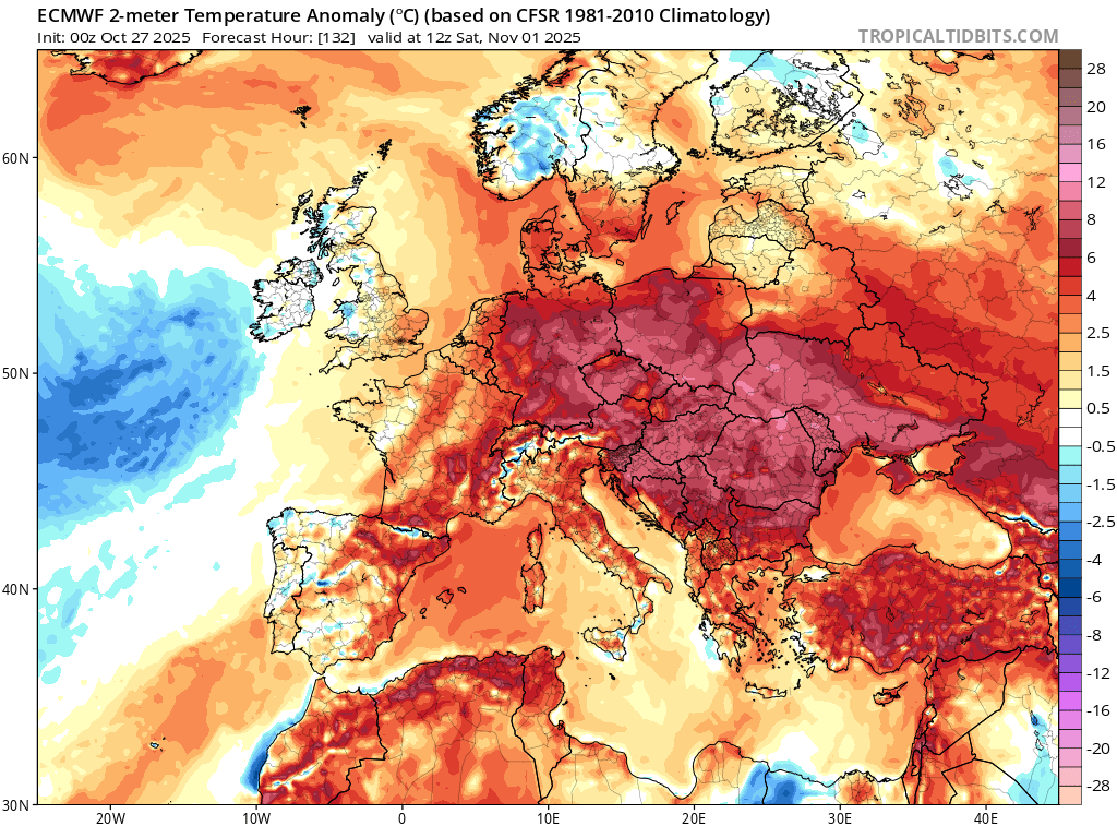 Odchylenie temperatury powyżej normy po południu na 1 listopada