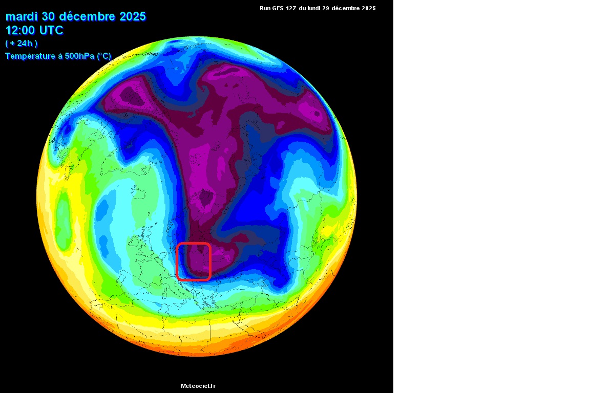Trzy jęzory zimna nad półkulą północną, temperatura na wysokości 5 km 30 grudnia
