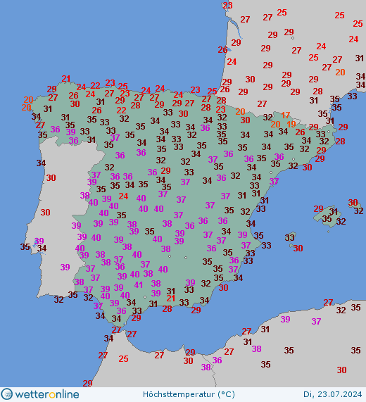 Temperatura maksymalna w Hiszpanii we wtorek