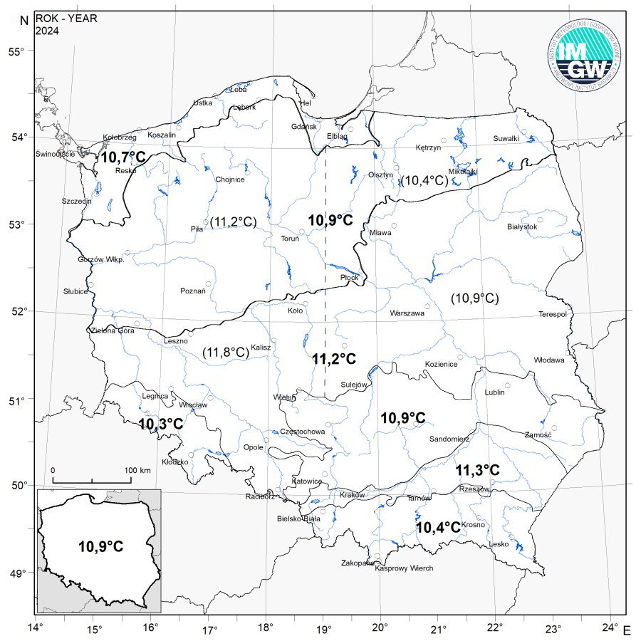Wartości średniej obszarowej rocznej temperatury powietrza w 2024 roku