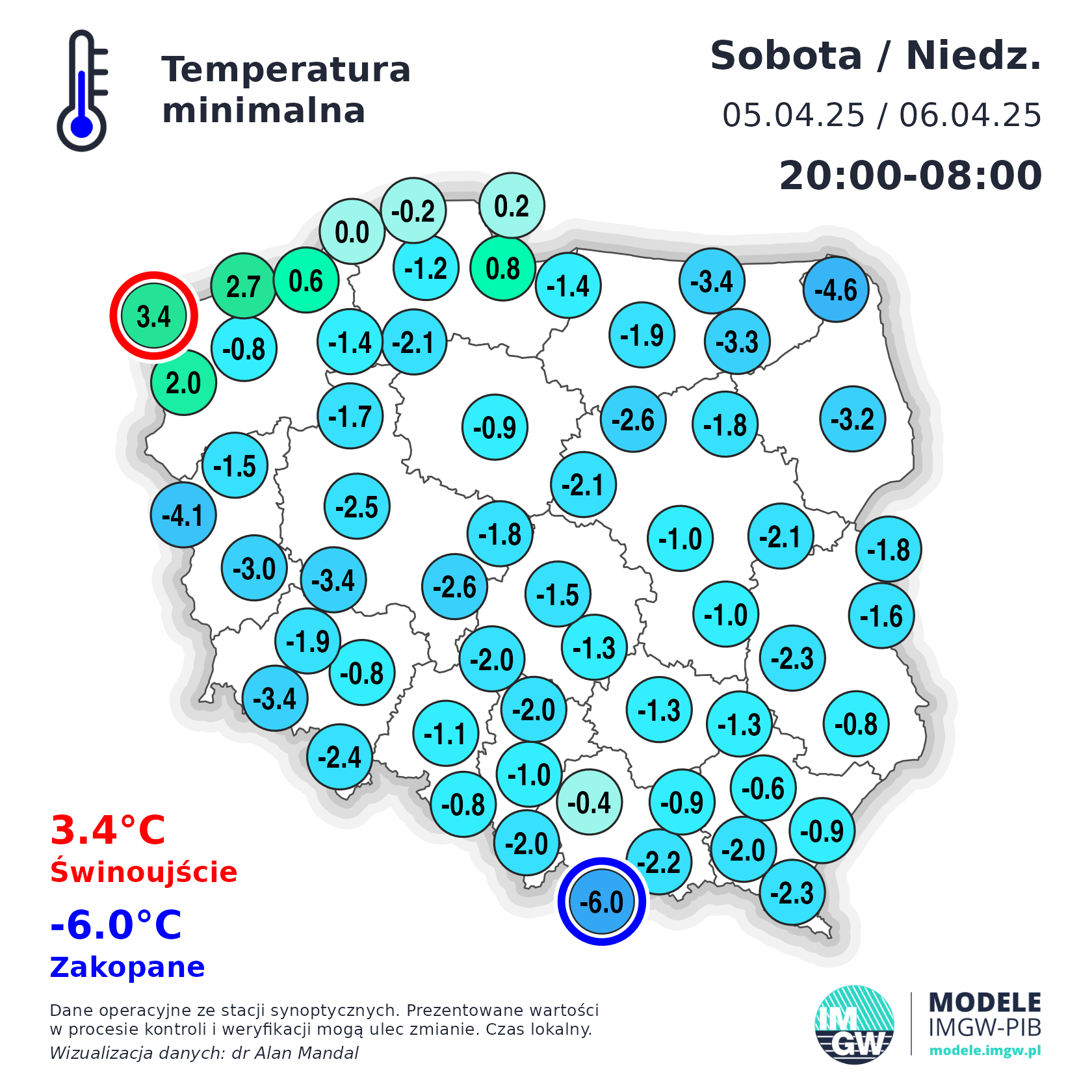 Temperatura minimalna w nocy z niedzieli na poniedziałek