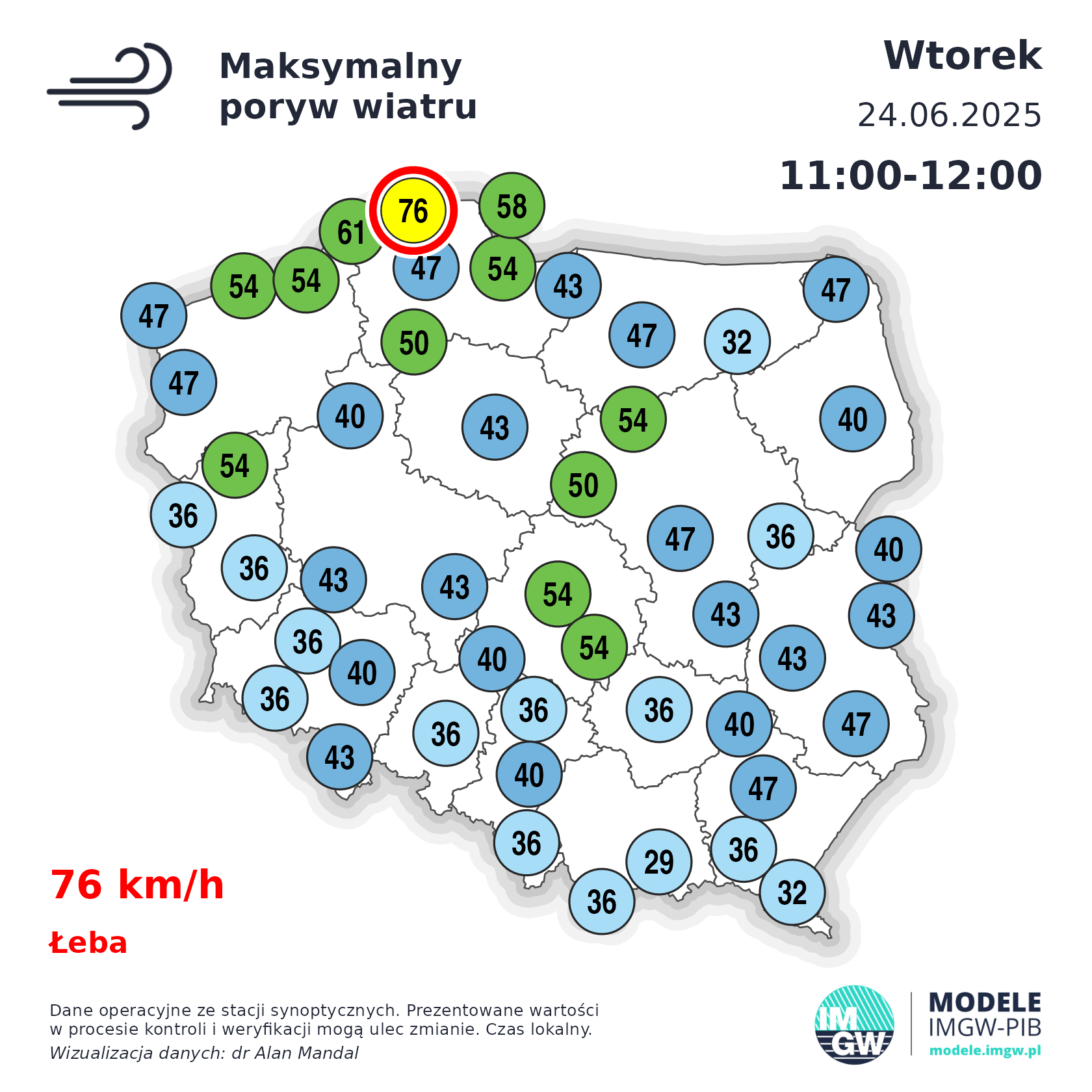 Maksymalne porywy wiatru we wtorek 24.06 w Polsce
