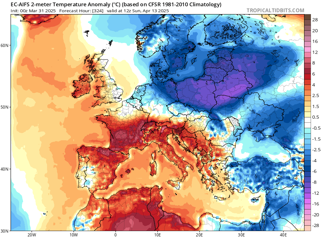 Fala zimna 13 kwietnia. Odchylenie na minus temperatury przy ziemi