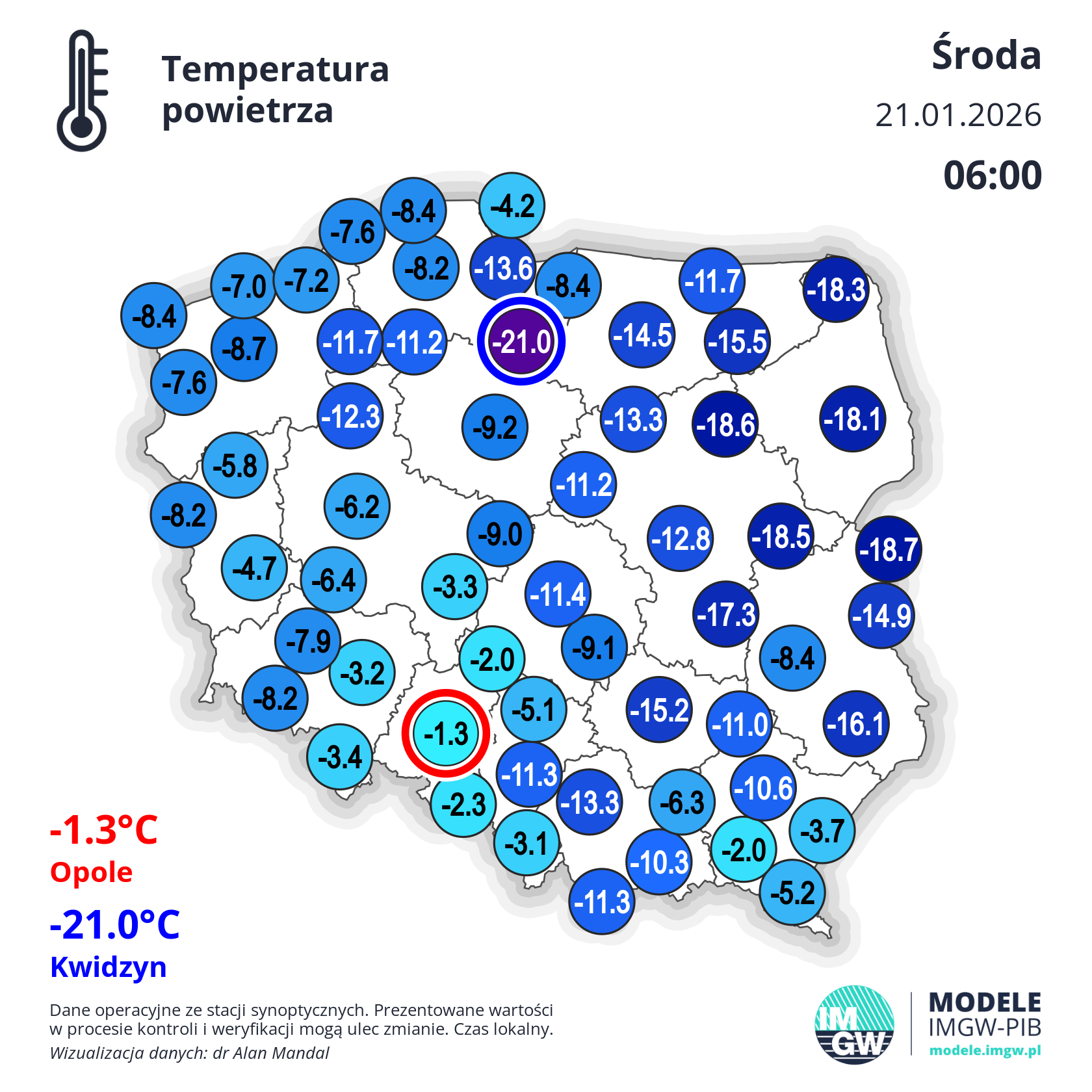 Temperatura powietrza o godzinie szóstej w środę (21.01)