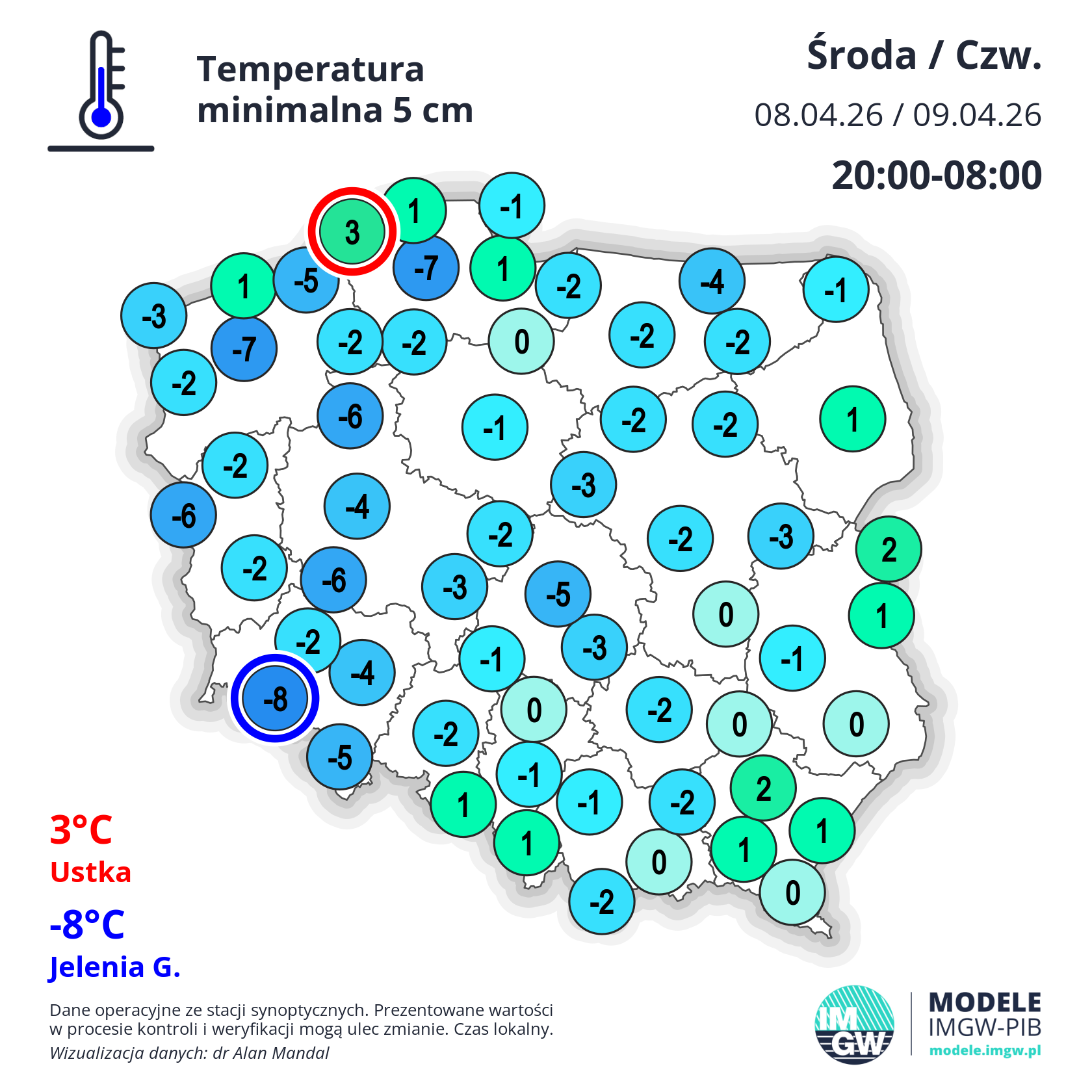 Temperatura minimalna przy gruncie w nocy ze środy na czwartek