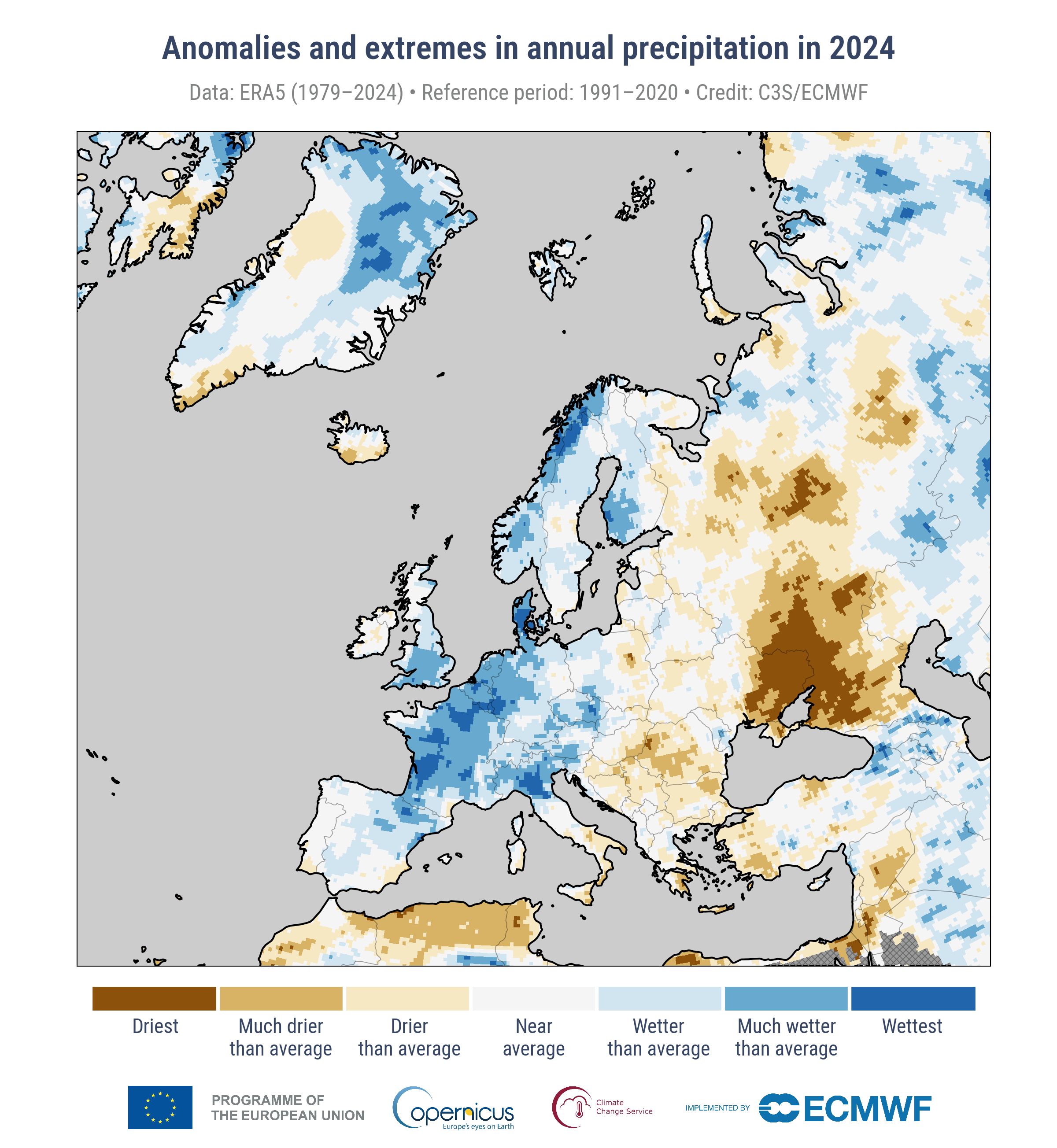 Roczne anomalie sum opadów w 2024 roku w porównaniu ze średnią z wielolecia 1991-2020