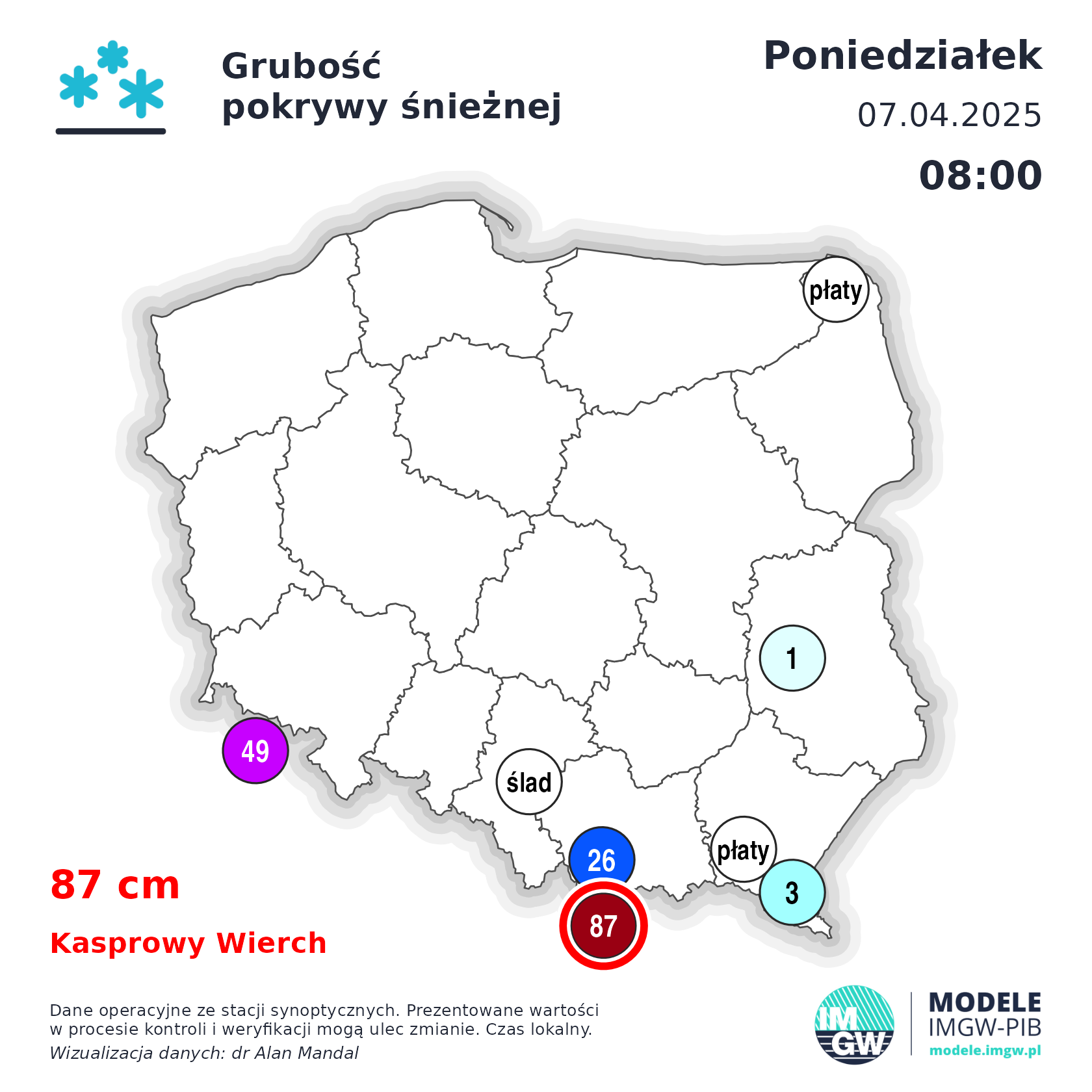Grubość pokrywy śnieżnej w poniedziałek 7.04