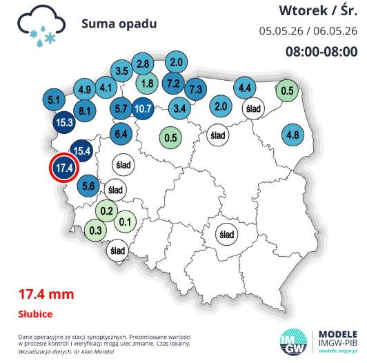 Suma opadów od godziny 8 we wtorek do godziny 8 w środę