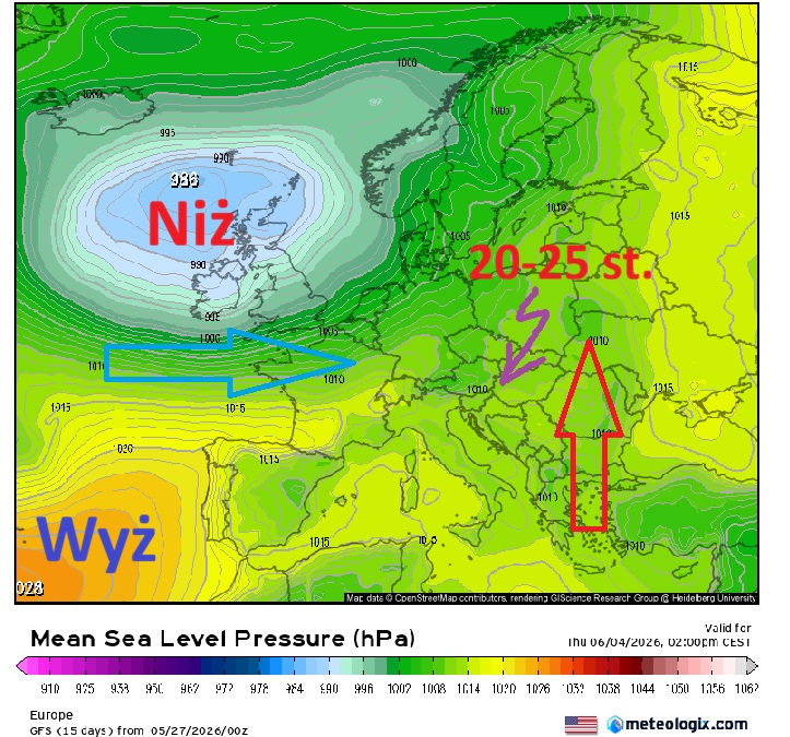 Niż Islandzki i typowa czerwcowa cyrkulacja, niosąca deszcz, burze i umiarkowane ciepło