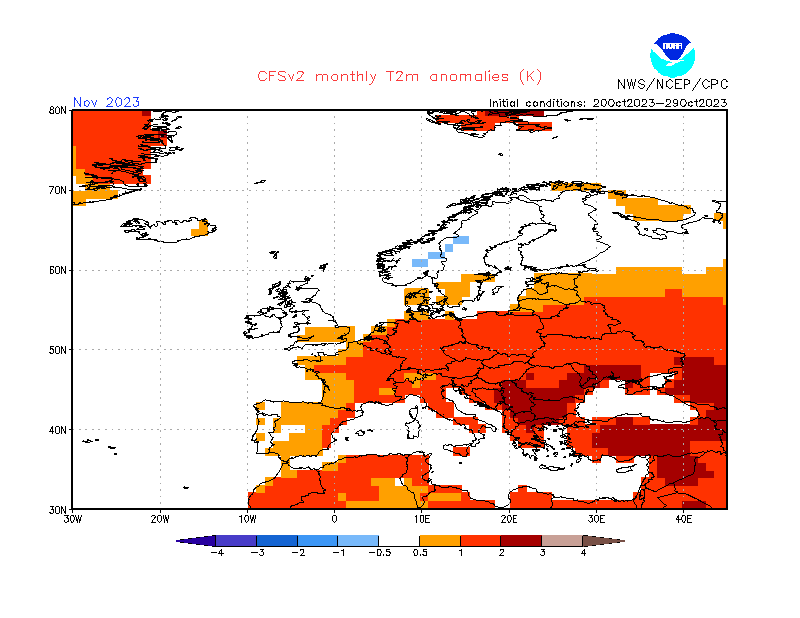Prognozowane odchylenie średniej temperatury na listopad od normy wieloletniej
