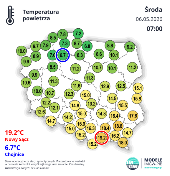 Temperatura powietrza w środę o godzinie 7