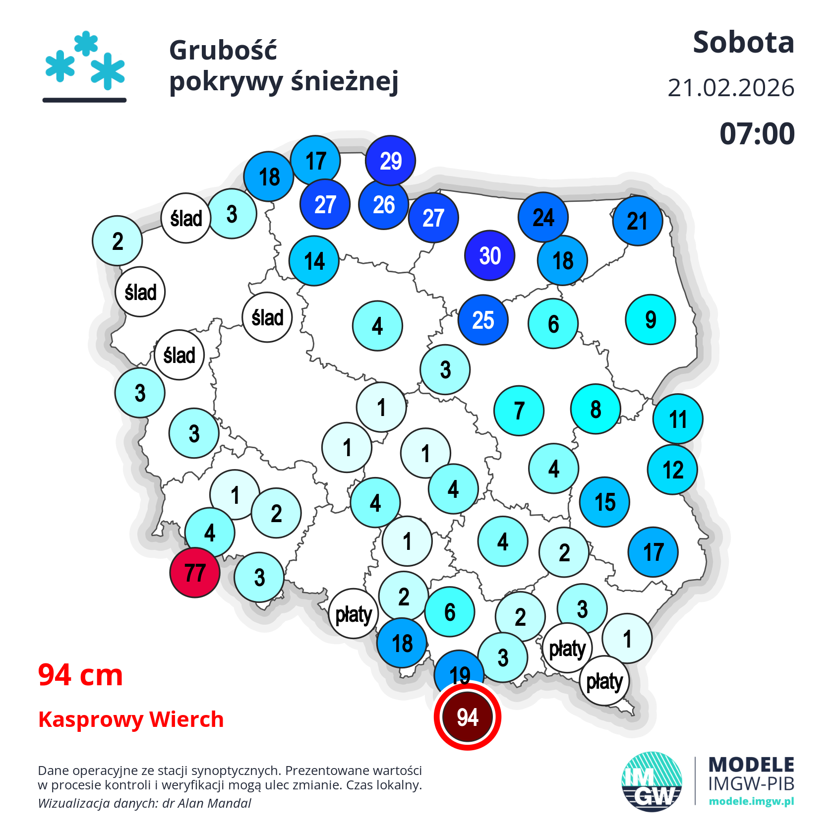 Grubość pokrywy śnieżnej w sobotę 21 lutego