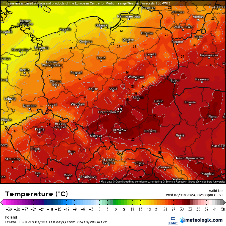 Prognozowana temperatura maksymalna powietrza w środę 19.06