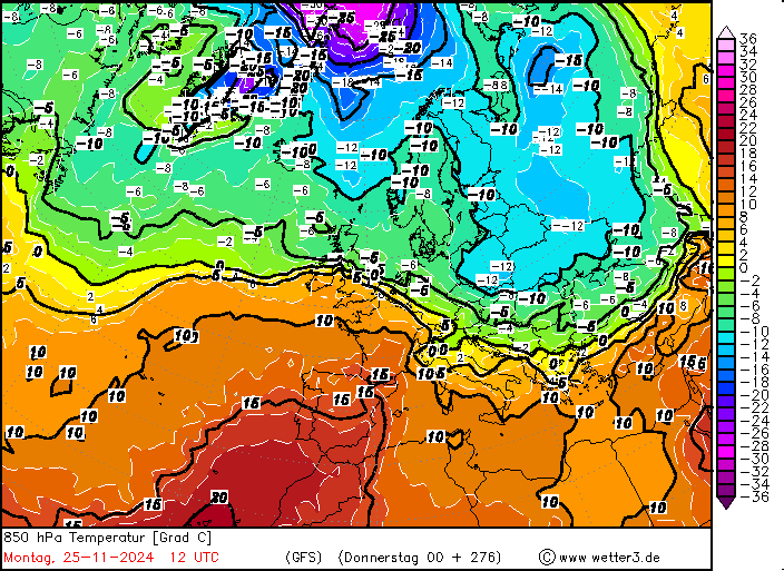 Jęzor zimna prognozowany na 25 listopada, temperatura na wysokości 1,5 km