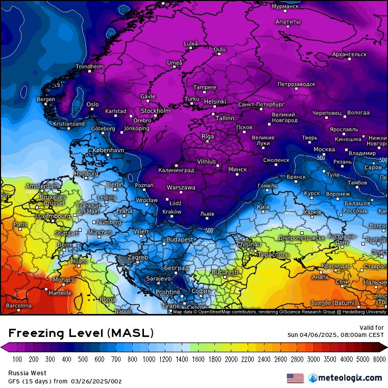 Poziom zamarzania (temperatura poniżej 0 st. C) prognozowany na 6 kwietnia