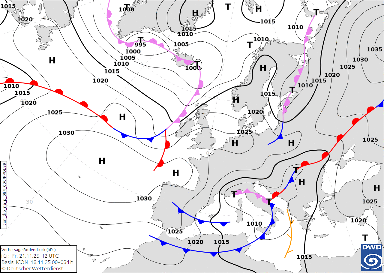 Niż Sasza nad Włochami i związany z nim front atmosferyczny rozciągnięty od Adriatyku po Rosję